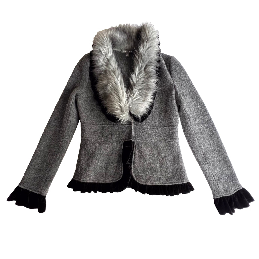Wool Blazer Sz S Cardigan Jacket Faux Fur Collar Y2K Soft Goth Velvet Twee